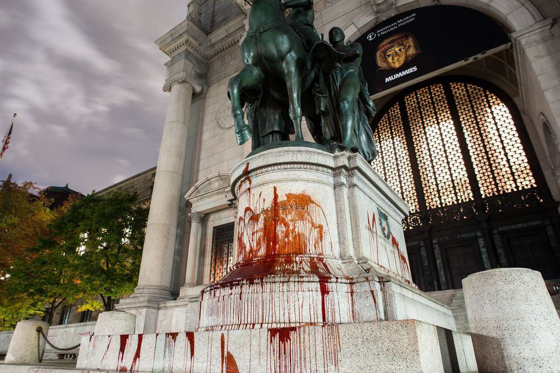 A statue of President Theodore Roosevelt was defaced with red paint early Thursday morning outside the American Museum of Natural History.<br>